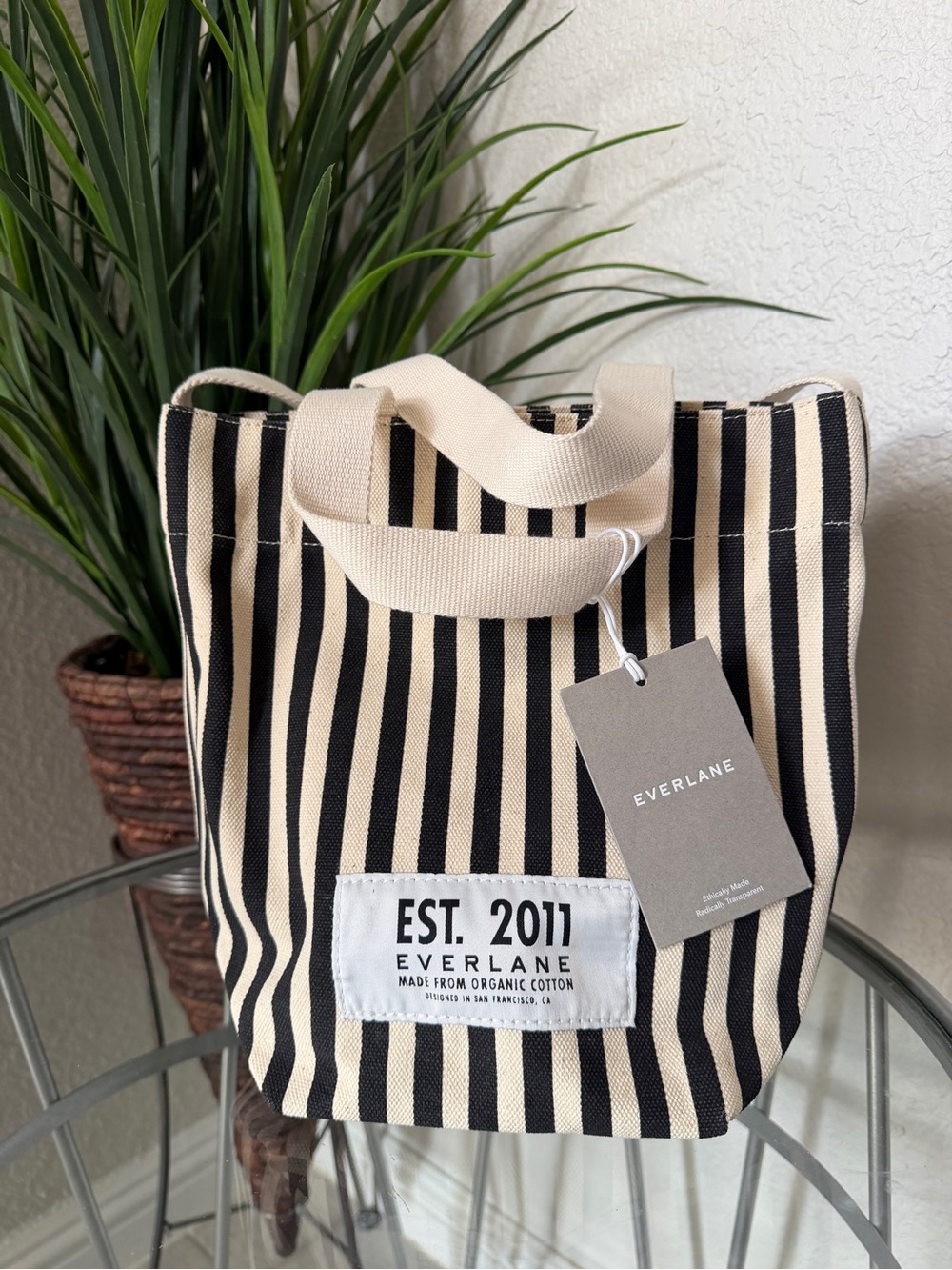 Everlane NWT Organic Cotton Canvas Mini Tote Black Cream Stripe Bag